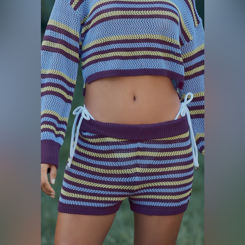 NWT By Anthropologie Striped Knit Shorts Novelty Purple Green Size Large